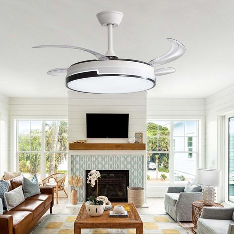 Plafonnier Ventilateur Moderne Blanc 4 Pales Lames Rétractables - Lumière LED 96W Dimmable, Moteur DC 6 Vitesses, Ventilateur Silencieux Avec Telecommande Pour Chambre/Salon-107CM (1/5)