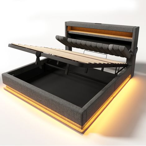 Cama doble tapizada 180x200 cm con almacenamiento, LED, USB y USB-C, gris lino, sin colchón (1/5)
