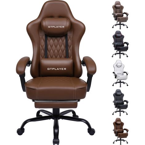 Chaise Gaming Ergonomique, Synchrone, Accoudoirs Réglables, Coussins Lombaire/Tête, Siège Épais PU - Marron chocolat