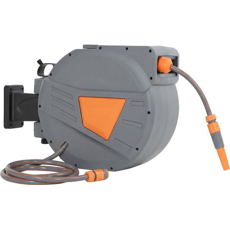 Carrete de manguera retráctil 20+1,6 m boquilla 2 modos bloqueo automático retracción controlada soporte naranja (1/5)