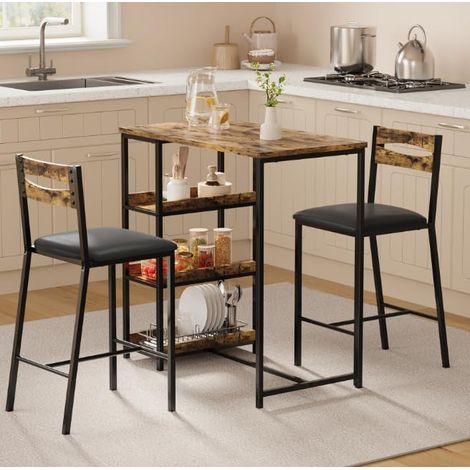 Ensemble Repas 2 Pièces Hauteur Comptoir, Table avec Étagères, Structure Métallique, Design Compact Moderne pour Cuisine, Marron (1/5)