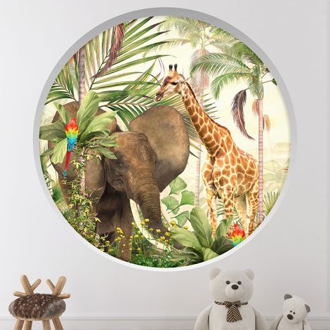 Stickers Trompe l'oeil Arche ronde Enfants - Animaux de la jungle - Diamètre 30 cm (1/4)