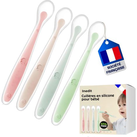 Babylöffel-Set – 4-teilig – Weiches Silikon – Ergonomisches, geschwungenes Design – Für die Babyernährung – Rosa, Lila, Blau, Grün (1/5)