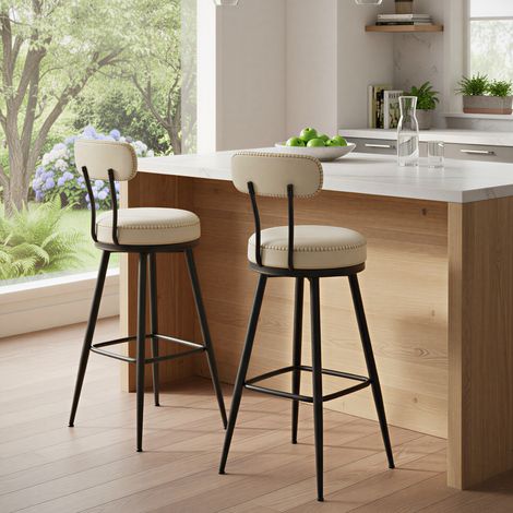 Vasagle – Tabouret de bar pivotant 360° – Lot de 2 – Hauteur 76 cm – Dossier en PU crème – Pieds en métal robustes
