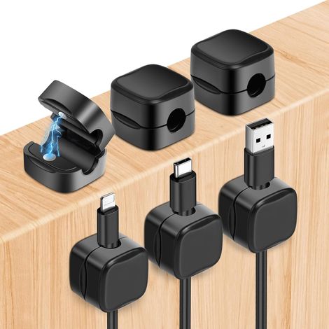 Clips Câble Organisateur Bureau, 6 Pcs d'organisateurs de câbles magnétiques, Range Câbles Silicone Fixe pour Câbles de Chargeur/Souris/Écouteur/Ustensiles de Cuisine (Noir