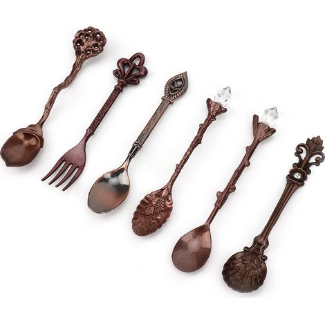 Ensemble de 6 pièces innovant vintage rétro en alliage de zinc, cuillères et fourchettes, couverts, accessoire de cuisine (bronze rouge (manche de fourchette en forme de cœur)) (1/5)