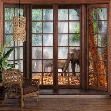 Papier peint panoramique Trompe l'oeil Fenêtre en bois - Éléphants - 195 cm x 156 cm (1/5)