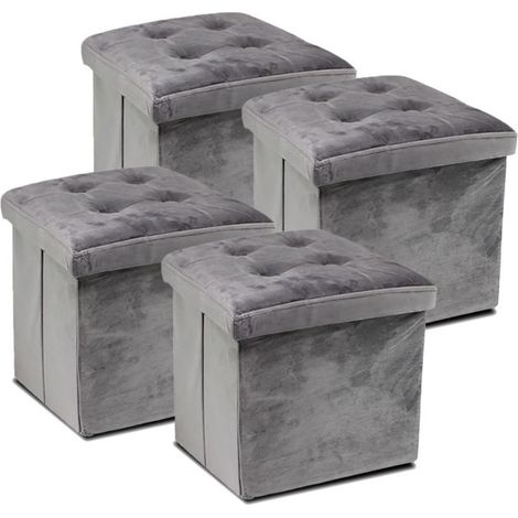 Pouf de rangement - JUANIO - 38x38x38 cm - Lot de 4 - Velours gris - Couvercle amovible (1/4)