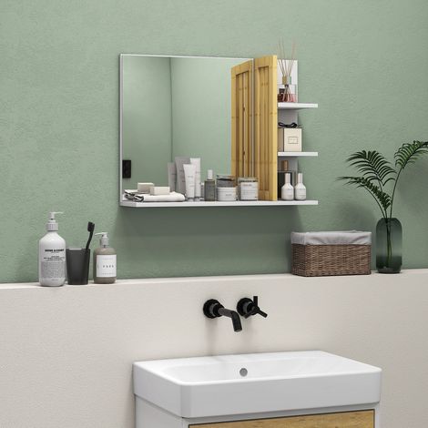 Miroir mural de salle de bain avec 3 étagères latérales 1 étagère inférieure en bambou 45 x 15 x 58.5 cm blanc