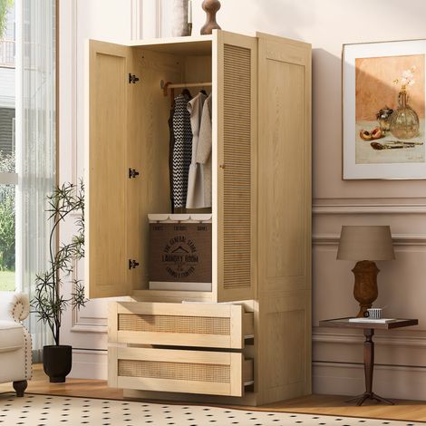 Kleiderschrank 7055170cm, Doppeltüren-Design, mit Schubladen und Ablagefächern, Türen aus Kunstrattan, Holzfarbe (1/5)