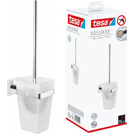 tesa DELUXXE ensemble de brosses de toilettes, chromé, avec verre satiné - pour montage mural sans perçage, avec solution adhésive puissante - 137 mm x 97 mm x 160 mm (1/5)