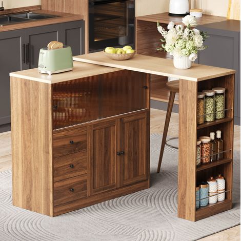 Table haut de bar extensible 115-172 cm avec plateau pivotant, rangements, LED RGB et roulettes, MDF naturel (1/5)