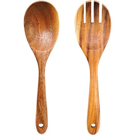 Salad Fork - Salad Spoon - Teak Wood Serving Set - 26 cm - Kitchen Serving Utensils - 2 Pieces (1/5)