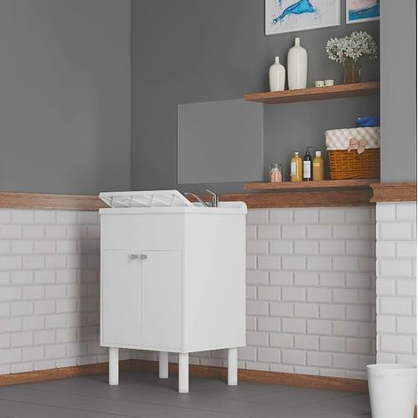 Lavabo en résine avec Miroir, résistant à l'humidité, Baignoire résistante aux acides, kit d'échappement Inclus, intérieur et extérieur, L60 x P50 x H85 cm, Blanc (1/5)