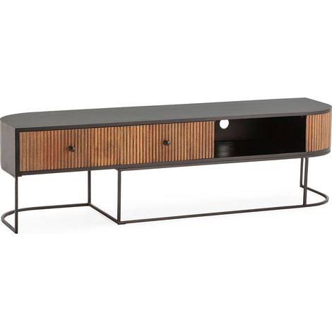 Meuble TV 2 tiroirs 1 niche 160x40x55 cm en manguier et métal - HANDIZ (1/5)