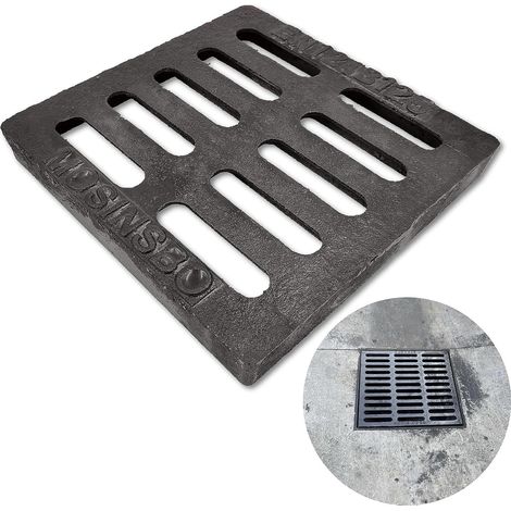 Grille Drainage Fonte pour Caniveau Allée 226 x 226 mm Drainage extérieur, grille métallique noire pour garage, cour et contrôle des eaux de surface, carré, rectangle (1/5)