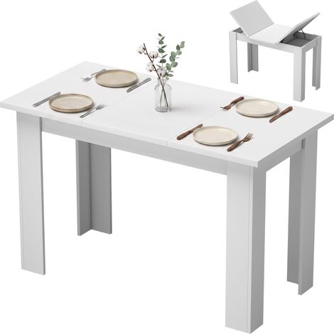 Table de salle à manger avec rangement dissimulé, table de cuisine rectangulaire avec compartiments latéraux, blanche (1/5)