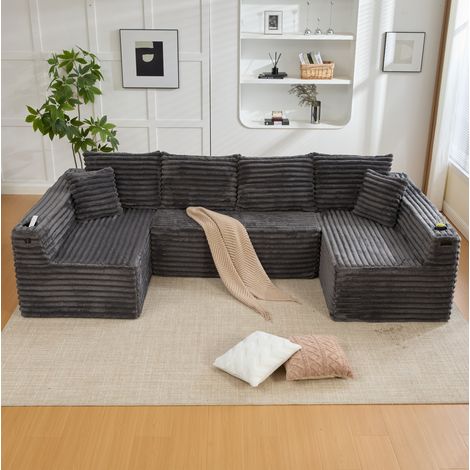 Canapé modulable en U 320x155x88 cm gris foncé en velours côtelé avec porte-gobelet et poche latérale (1/5)