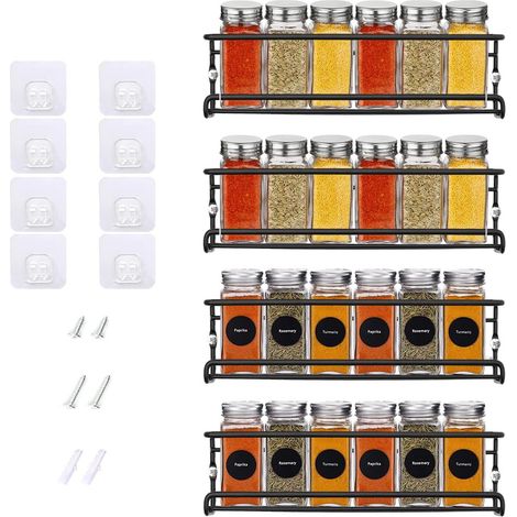 Portaspezie da parete, 4 x portaspezie da appendere in metallo per 24 bicchieri, 29 x 6.5 x 6.5 cm, organizer per spezie con materiale di montaggio per incollare o forare (Nero)