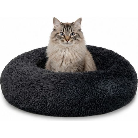 lionto Donut Katzenkissen, rundes Bett mit Plüschbezug & Anti-Rutsch-Boden, erhöhter Rand für Geborgenheit, 50 cm Durchmesser, dunkelgrau (1/5)