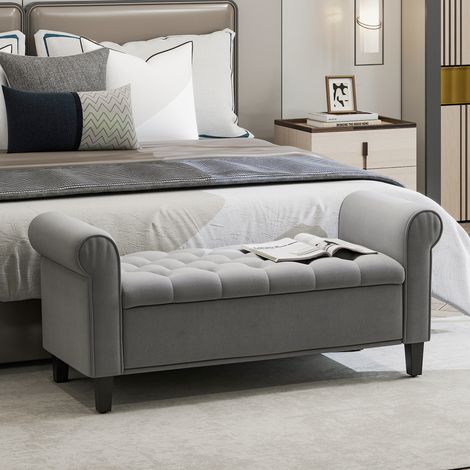 Banc de chambre avec compartiment de rangement et accoudoirs roulés - pour couloir et salon - assise rembourrée en velours - gris