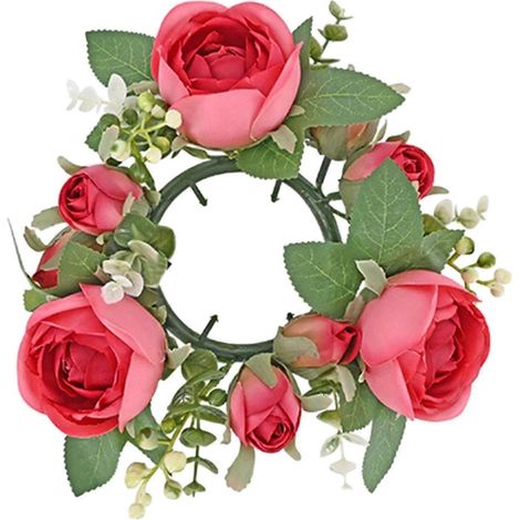 Couronne artificielle de roses et de verdure, porte-bougie pilier décoratif pour porte ou centre de table de salon-Dark Pink (1/5)