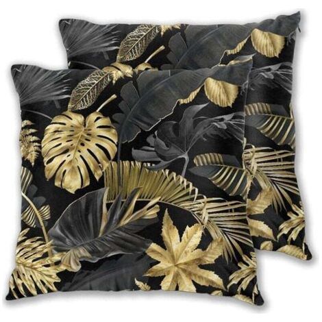 Housses de Coussin, Feuilles Tropicales Or et Noir sur Fond Sombre Housse Coussin 45x45 cm Lot de 2 Décoratives Taies d'oreiller avec Fermeture éclair Invisible (1/3)