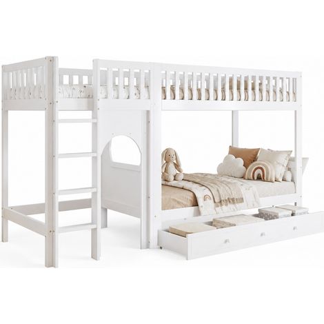 Lit superposé enfant 90x200 cm avec échelle droite 4 marches, garde-corps sur 4 côtés, design arrondi et finition blanc bois naturel pour chambre d’enfant – CHICFURN (1/5)