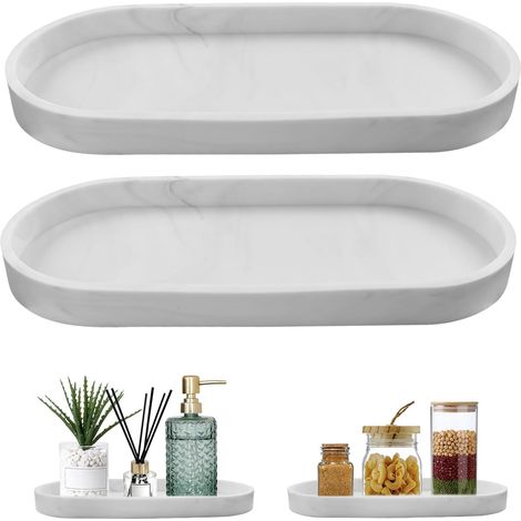 Plateau Salle de Bain, 2 Pièces Plateau Decoratif, Marbre Blanc Silicone Plateaus Antidérapant Plateaus de Rangement Salle de Bain pour Salon, Chambre, Lavabo, Baignoire (1/5)