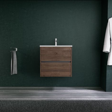 Inda - Badezimmerschrank 2 Schubladen L.60 mit mattem Waschbecken / Braune Eiche - Diamante (1/5)