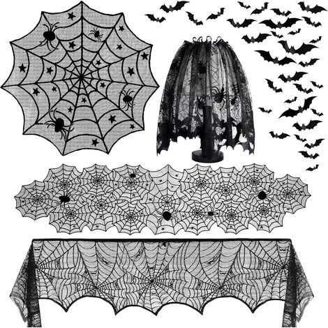 Nappe en toile d'araignée d'Halloween, chemin de table, revêtement de cheminée, abat-jour, motif chauve-souris, 5 pièces Décoration de la maison d'Halloween, créer une atmosphère effrayante, nappe en (1/5)