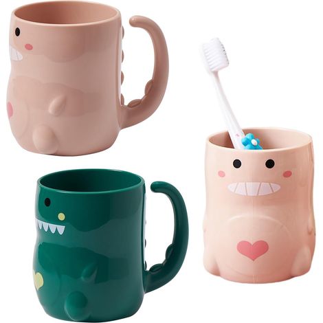 Set mit 2 robusten Kunststoff-Zahnbürstenbechern mit Griffen für Kindermundwasser – Dinosaurier-Design – Ideal für Reisen und Camping