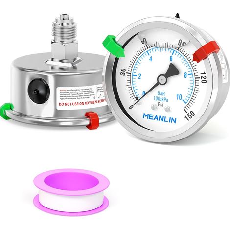 010Bar/0150Psi Liquid Filling Pressure Gauge Stainless Steel with 316 BSP Stainless Steel Seal 1/4" 2.5" for Air Compressor,Water Filter Center Rear Mount (1/5)