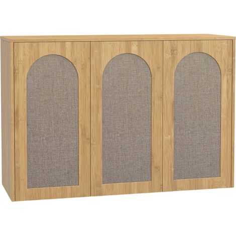 Meuble de salle de bain mural de style bohème avec 3 portes imitation rotin, système de fermeture amortie et étagère réglable, chêne (1/5)
