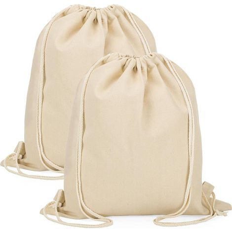 Lot de 2 Sacs de sport, Cordon de serrage, Toile, 38x42 cm, Blanc, Voyage
