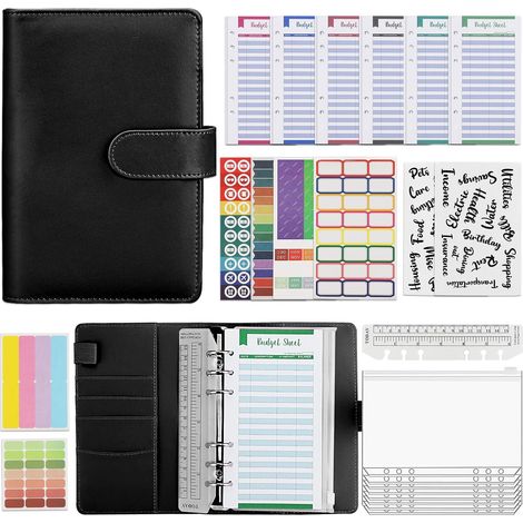 Classeur à Anneaux A6-30 Pièces Money Binder avec Enveloppes à Glissière et Étiquettes - Idéal pour Enveloppe Budget et Classeur Budget Français pour Organiser le Travail et la Maison (Noir) (1/5)