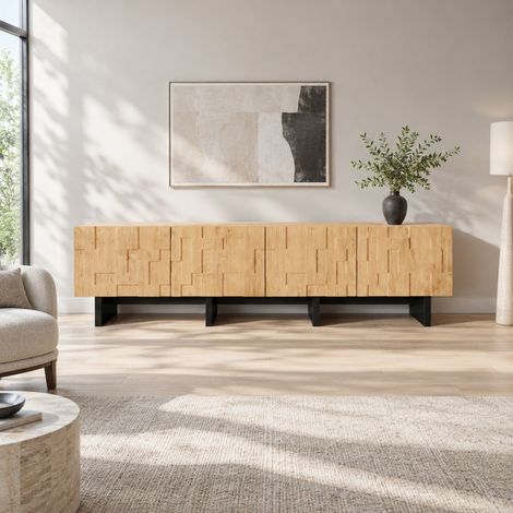 Meuble TV 180 cm avec 4 portes et rangement, bois naturel, jusqu’à 75 pouces OKMYHOME (1/5)