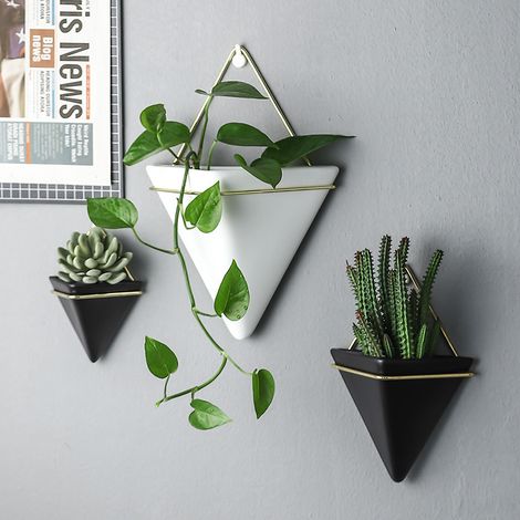 Suspension murale pour plantes, vase décoratif en céramique noire avec cadre en fer, panier suspendu pour intérieur, extérieur, jardin, balcon, bureau, taille M (1/3)