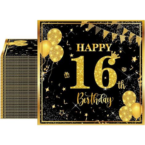 40 Pack de serviettes d'anniversaire, 16e anniversaire serviettes (noir or), Serviettes décoratives 16e anniversaire pour les garçons, les filles (1/5)