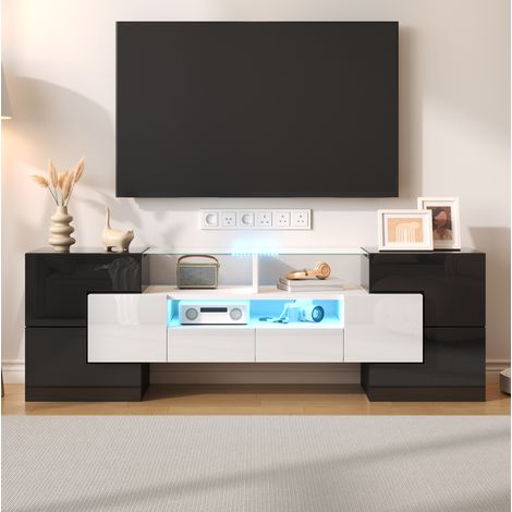 Mobile TV 145x30x51 cm bianco e nero in pannelli di particelle con LED e ampio spazio contenitivo (1/5)