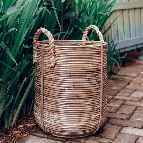 Panier à linge rond en rotin - Panier de rangement et cache-pot avec poignées en jute - PANGIVO
