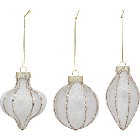 Déco de sapin Lot de 3 Boules de noël striées et pailletées D 8 cm Blanc et Doré - Feeric Christmas (1/4)
