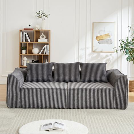 Canapé droit en corduroy gris 235,5 cm, lignes courbes, dossier incliné, OKWISH (1/5)