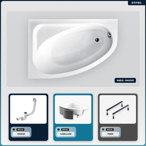 Baignoire asymétrique - 150 x 100 cm - Gauche - avec Habillage - Pieds - Vidage Chrome - CORNEA (1/5)