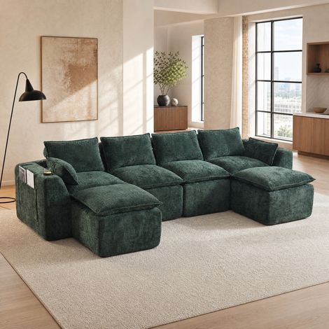Divano modulare 4 posti con 2 pouf, portabicchieri, verde scuro DESVIAE (1/5)