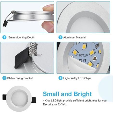 Lot de 4 Spot encastrable LED, 12V, 3W, Aluminium, IP65, pour Camping-car, Bateau (1/2)