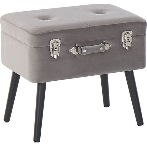 Taburete con almacenaje tapizado en terciopelo gris con patas negras diseño de maleta abotonado Mallard (1/5)