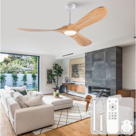 Ventilador de techo 52 pulgadas con iluminación LED, mando a distancia, 3 aspas de madera natural blanca (1/5)