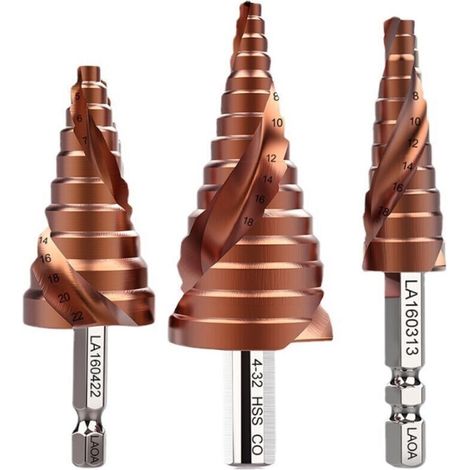Forets étagés électriques – 3 pièces en acier HSS-Co M35, pointe titane, diamètres 3–13 mm / 4–22 mm / 4–32 mm