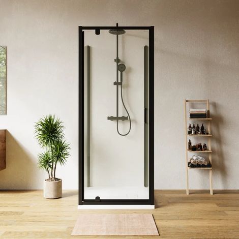 Cabine de douche trois côtés 70x90x70cm avec porte battante profilés noir mat et verre transparent 6mm h185 Madagascar (1/4)